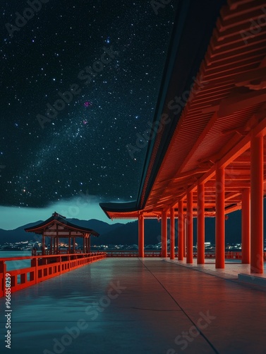 Itsukushima Shrine space, masterpiece, best quality, (Anime:1.4), night sky galaxy in the background, with generative ai photo