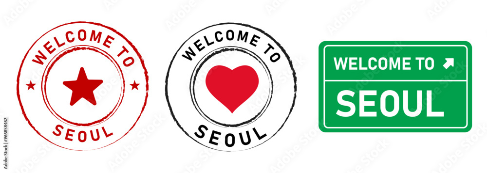 Welcome to Seoul South Korea capital city stamp badge colorful label tourist destination place sticker set collection design Welcome to Seoul South Korea capital city stamp badge colorful label tourist destination place sticker set collection design
