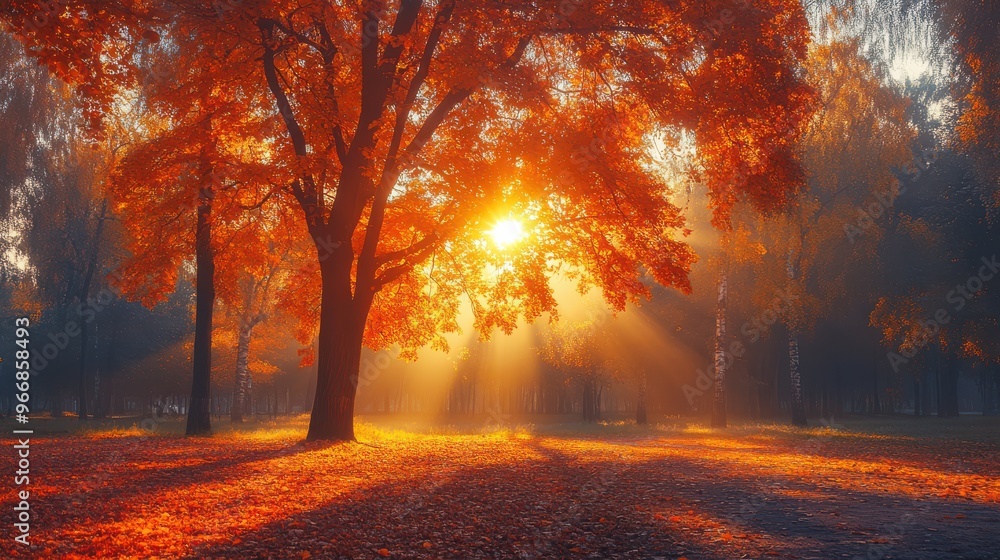 Fototapeta premium Autumnal Landscape with Sunbeams in the Park