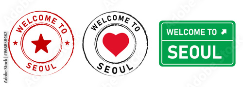 Welcome to Seoul South Korea capital city stamp badge colorful label tourist destination place sticker set collection design