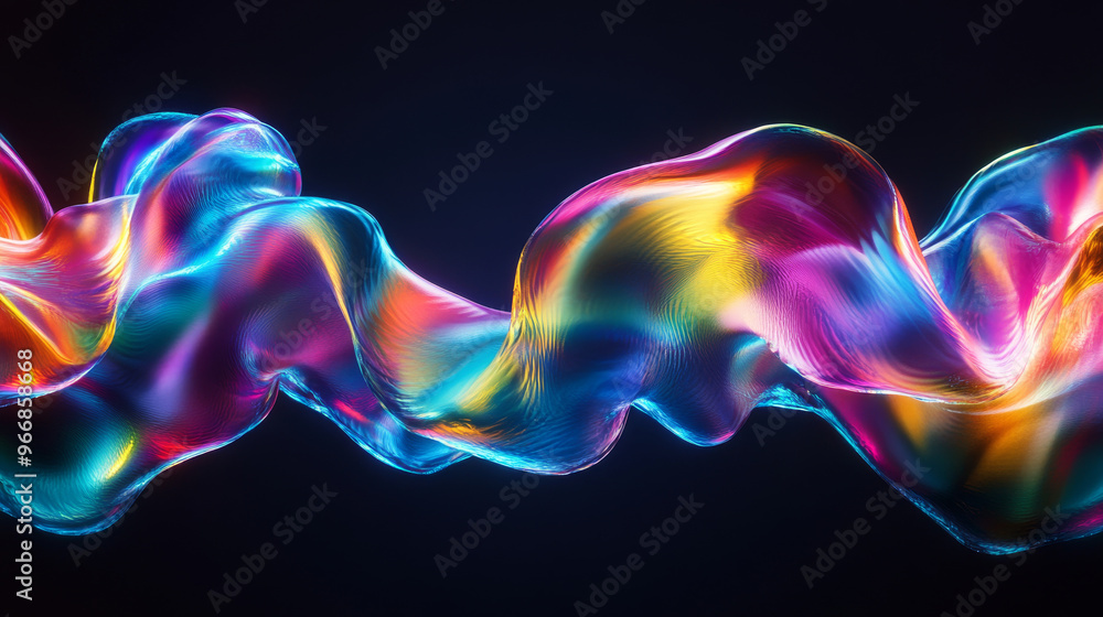 A colorful, shimmering wave of liquid glass flows through the air, creating a rainbow effect. It's like a ribbon of light, captured in mid-motion against a dark background. A colorful, shimmering wave of liquid glass flows through the air, creating a rainbow effect. It's like a ribbon of light, captured in mid-motion against a dark background.