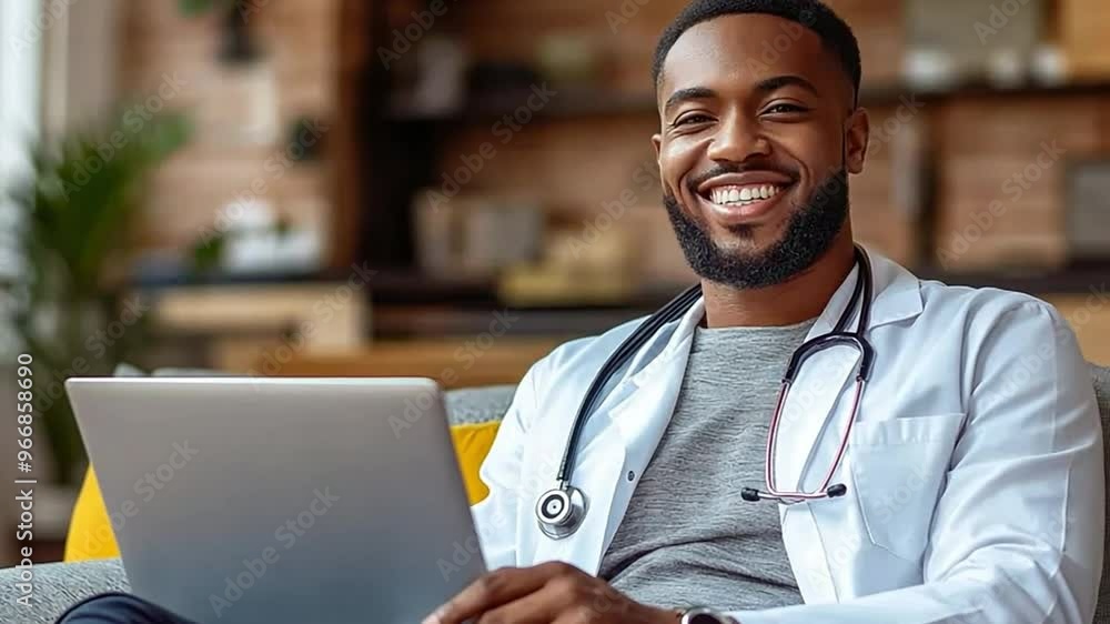 Happy physicians working from home on computers in comfortable locations. Happy physicians working from home on computers in comfortable locations.
