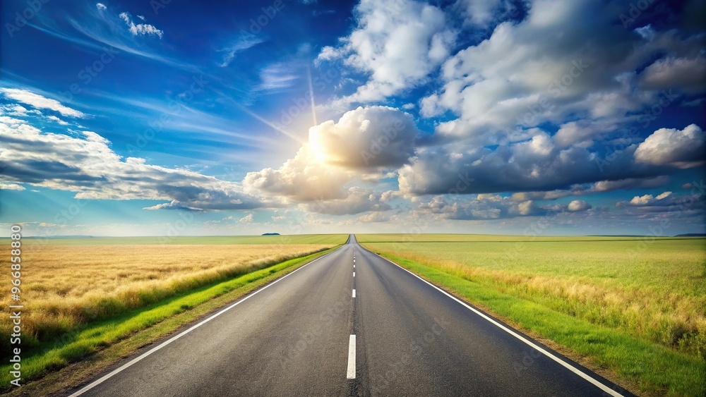 Scenic open road on grassy field under clear blue sky Scenic open road on grassy field under clear blue sky
