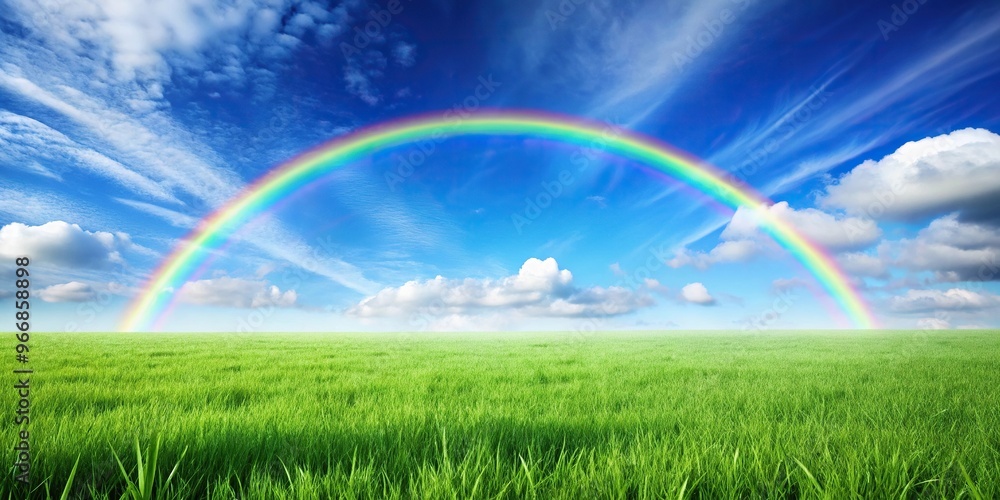 Naklejka premium Scenic outdoor landscape of green grass field under blue sky with rainbow in background