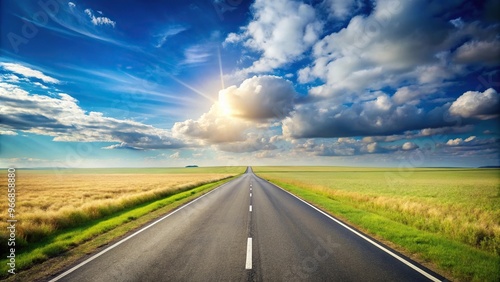 Scenic open road on grassy field under clear blue sky