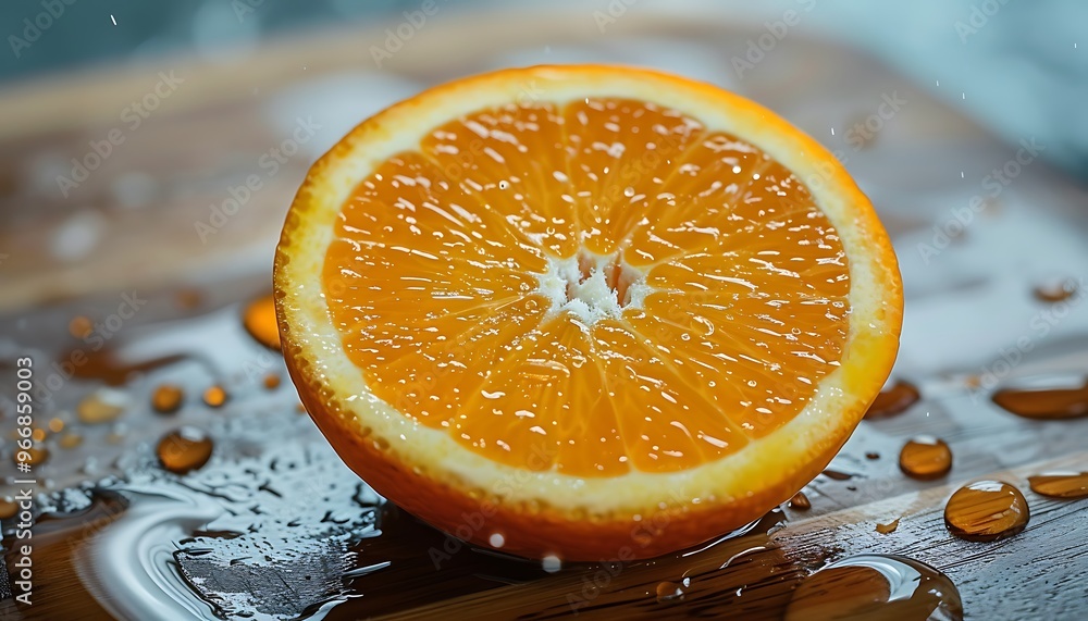 Fresh Orange Slice with Water Droplets on Wooden Surface Fresh Orange Slice with Water Droplets on Wooden Surface