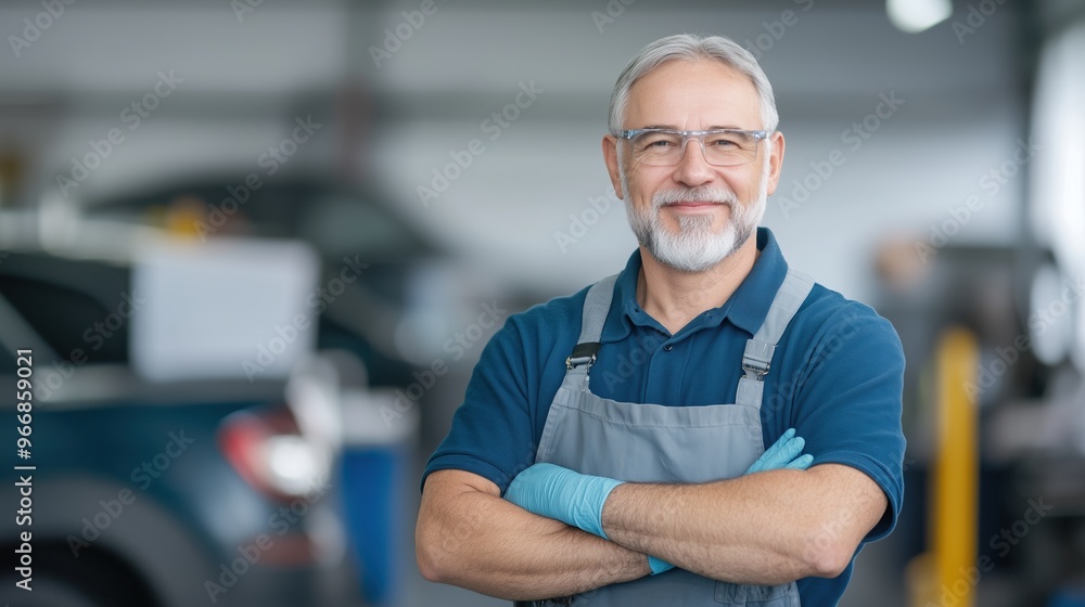 Experienced senior mechanic in a workshop, wearing gloves and overalls, representing expertise and professionalism. Experienced senior mechanic in a workshop, wearing gloves and overalls, representing expertise and professionalism.