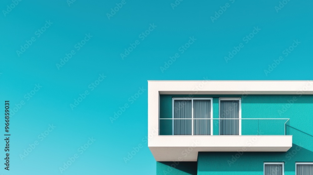A modern turquoise house with a white balcony against a clear blue sky, showcasing contemporary architectural design and tranquility. A modern turquoise house with a white balcony against a clear blue sky, showcasing contemporary architectural design and tranquility.