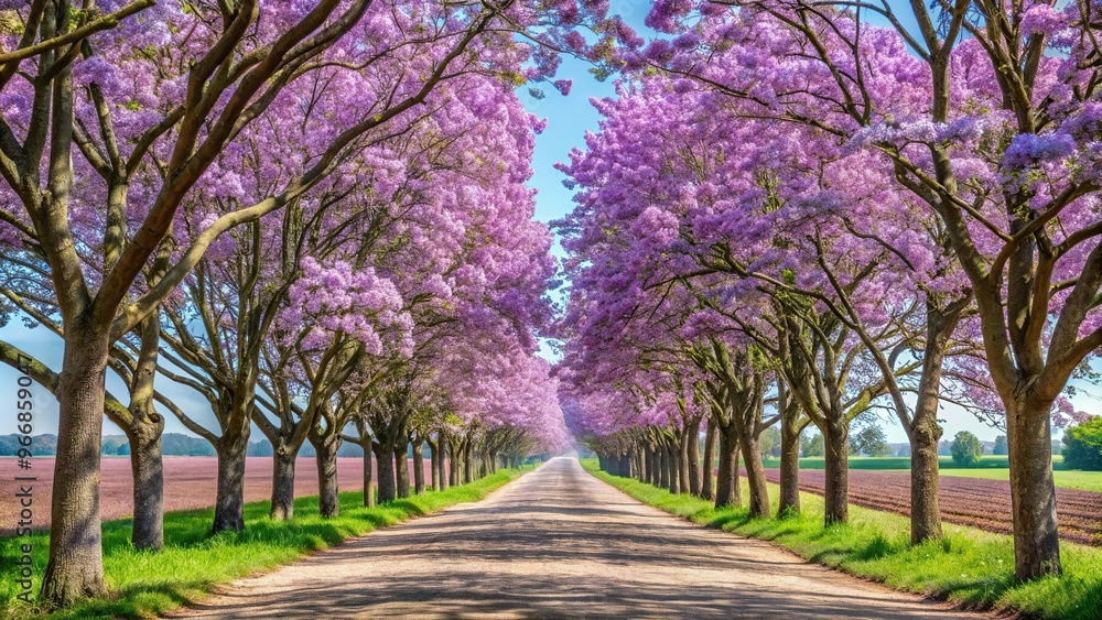 Scenic plantation of blooming Paulownia trees and rural road with selective focus Scenic plantation of blooming Paulownia trees and rural road with selective focus