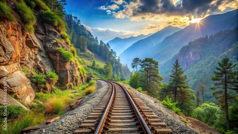 Fototapeta premium Scenic railway train passing through mountainous terrain