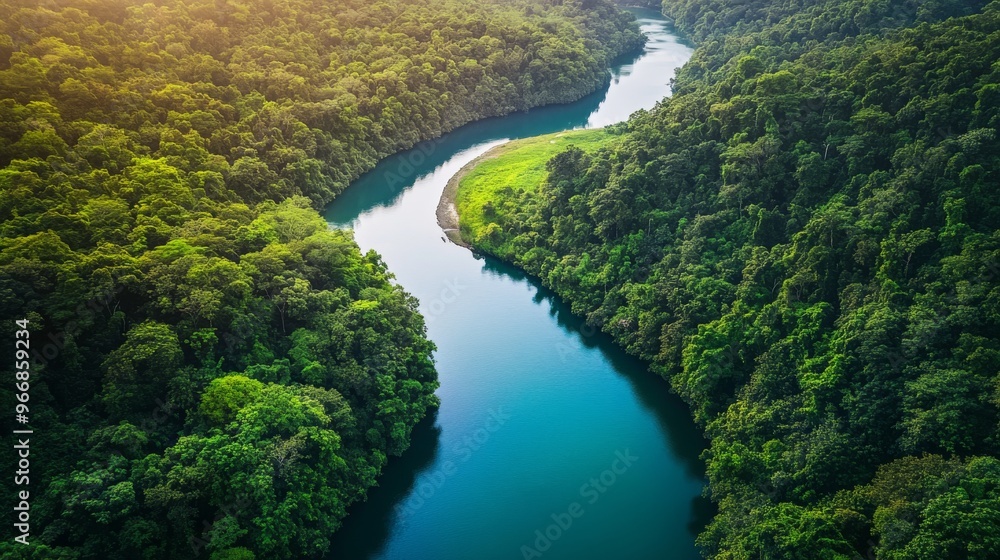The river gracefully curves through a lush rainforest, reflecting the glowing hues of sunset. Dense greenery surrounds the water, creating a serene atmosphere of untouched nature The river gracefully curves through a lush rainforest, reflecting the glowing hues of sunset. Dense greenery surrounds the water, creating a serene atmosphere of untouched nature