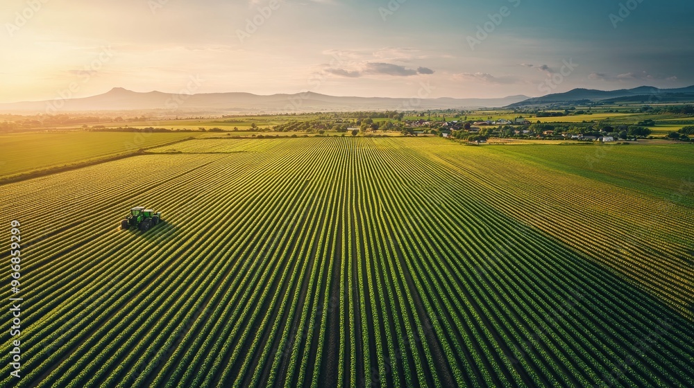 Wide-angle aerial view reveals a vast agricultural farm with neatly arranged fields of crops and a tractor working under the warm glow of the setting sun