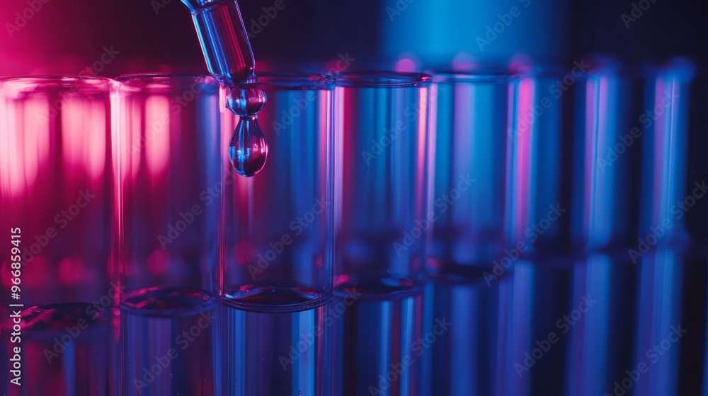 Test tubes arranged in a laboratory setting are highlighted with colorful lighting, while a droplet of liquid is poised to fall, emphasizing precision in scientific experimentation Test tubes arranged in a laboratory setting are highlighted with colorful lighting, while a droplet of liquid is poised to fall, emphasizing precision in scientific experimentation