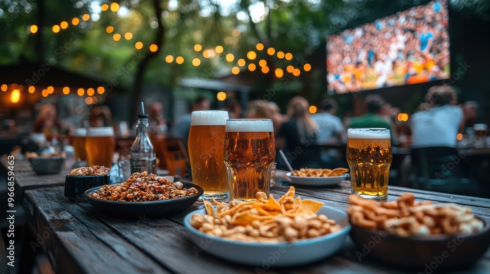 Naklejka premium Frosty beer and hors d'oeuvres on a rustic table during Summer evening with a blurry outdoor bar in the background