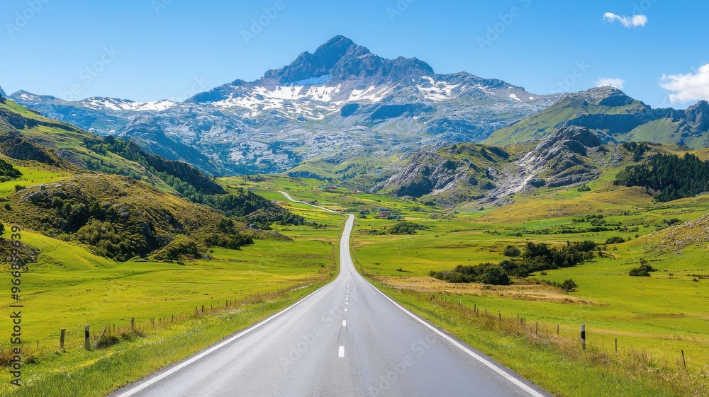 Fototapeta premium A scenic mountain road stretches through lush greenery, leading to majestic peaks under a bright blue sky.
