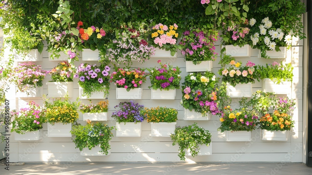 Naklejka premium Colorful Flowers in White Planters on White Wall