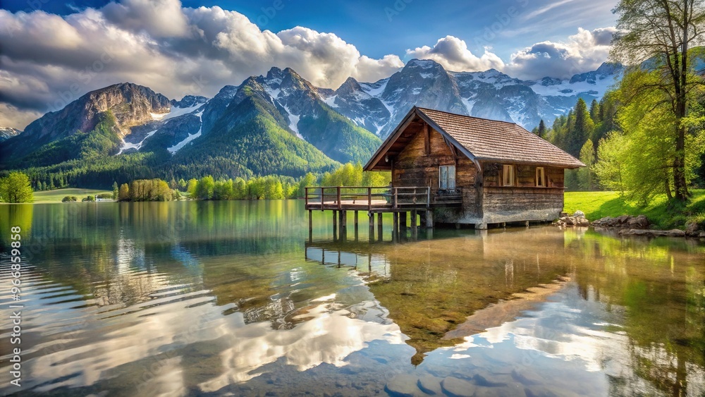 Fototapeta premium Scenic summer vacation in the mountains with a flooded pier and wooden house near a spring flood on the lake