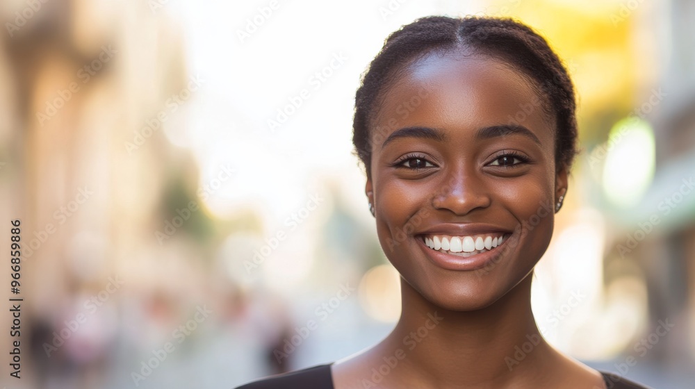 A cheerful young African American woman beams with happiness as she stands on a vibrant European city street, showcasing her radiant smile against the urban backdrop A cheerful young African American woman beams with happiness as she stands on a vibrant European city street, showcasing her radiant smile against the urban backdrop