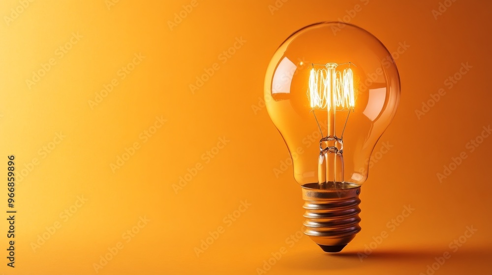 A clear and detailed lightbulb emits warm light, featuring visible filaments, set against a vibrant orange background that enhances its brilliance A clear and detailed lightbulb emits warm light, featuring visible filaments, set against a vibrant orange background that enhances its brilliance