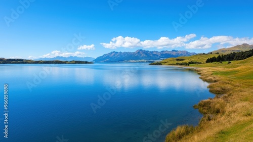 A serene lake reflecting mountains under a clear blue sky, surrounded by lush greenery and calm waters, perfect for nature photography.