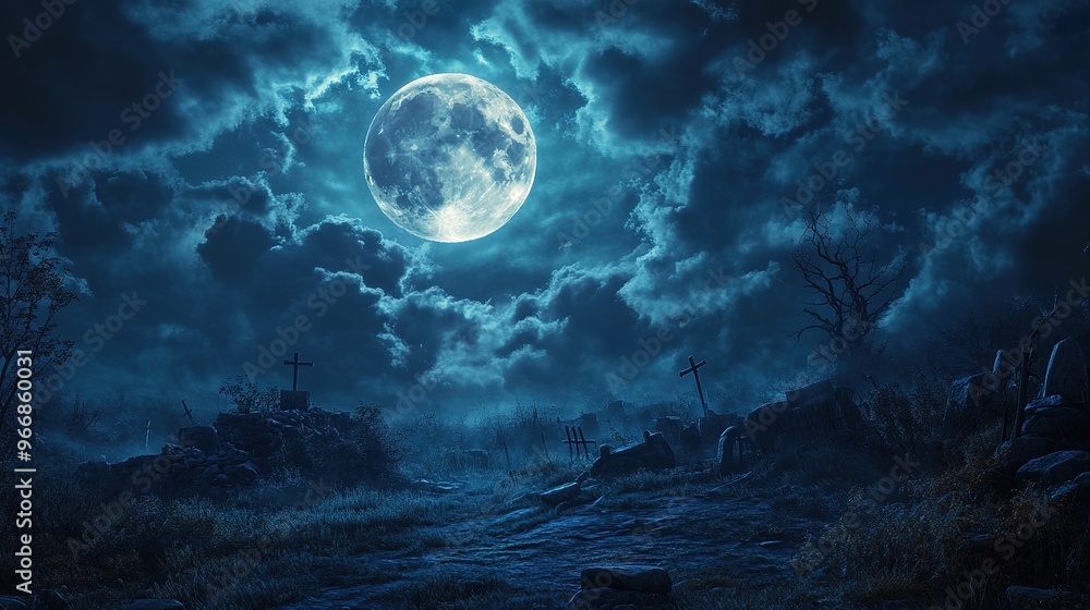 Fototapeta premium A spooky Halloween night scene with a full moon, dark clouds, and eerie shadows.