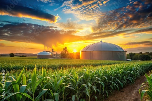 Scenic sunset view with biogas plant and corn field