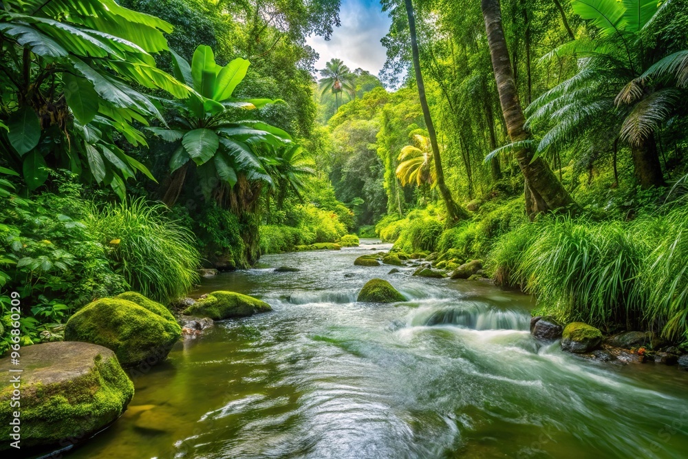 Scenic view of a small river in lush green jungle, close-up