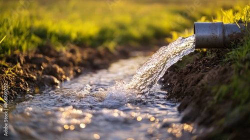 A water pipe releases crystal-clear water into a vibrant green field, enhancing the irrigation process. The golden hour light creates a beautiful backdrop for this vital activity photo