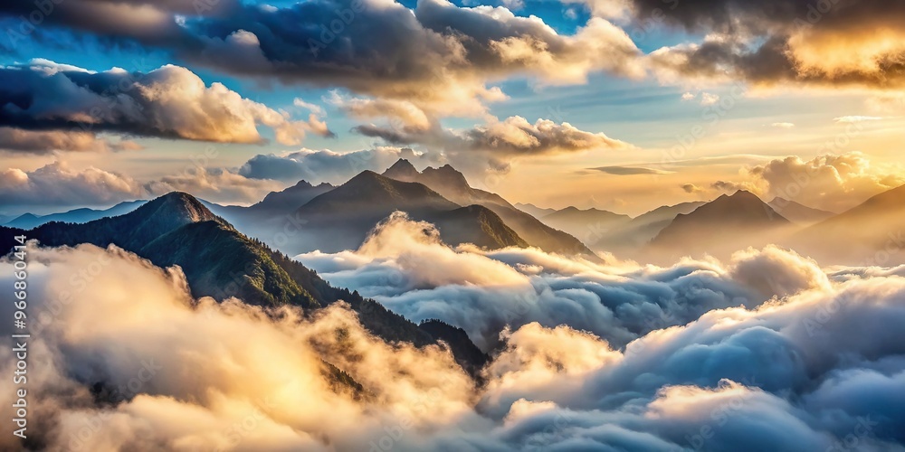 Obraz premium Scenic view of asymmetrical clouds covering mountains