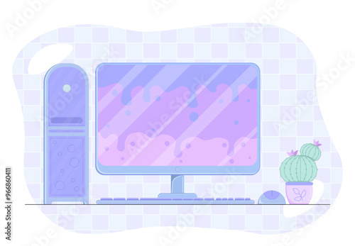 Bright computer concept. Display with blue and violet abstract spots at screen. Modern technologies and innovations. Monitor with broadcast. Flat vector illustration