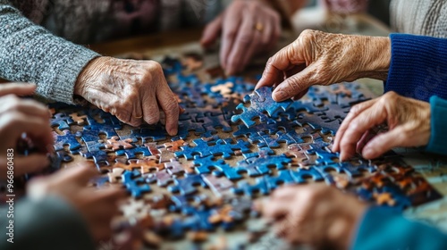 Multicultural seniors engage in a thoughtful activity, working collaboratively to piece together a large puzzle, fostering connection and teamwork