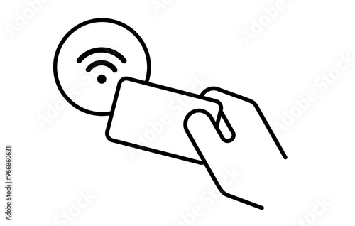 NFC card wireless contactless transaction symbol icon illustration hand holding card with signal isolated black white