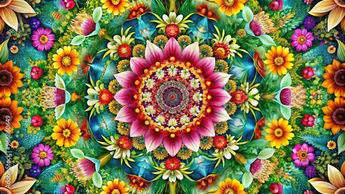 Vibrant, intricately designed mandala centered with blooming flowers, surrounded by delicate petals, leaves, and abstract shapes, creating a stunning, symmetrical, and visually striking composition.