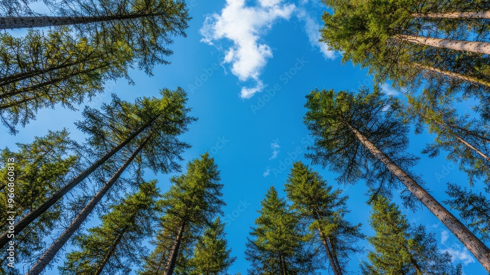 A stunning view of towering trees reaching up towards a bright blue sky with fluffy clouds, perfect for nature enthusiasts. A stunning view of towering trees reaching up towards a bright blue sky with fluffy clouds, perfect for nature enthusiasts.
