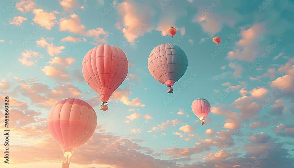 Colorful Hot Air Balloons Floating in Blue Sky with White Clouds Colorful Hot Air Balloons Floating in Blue Sky with White Clouds