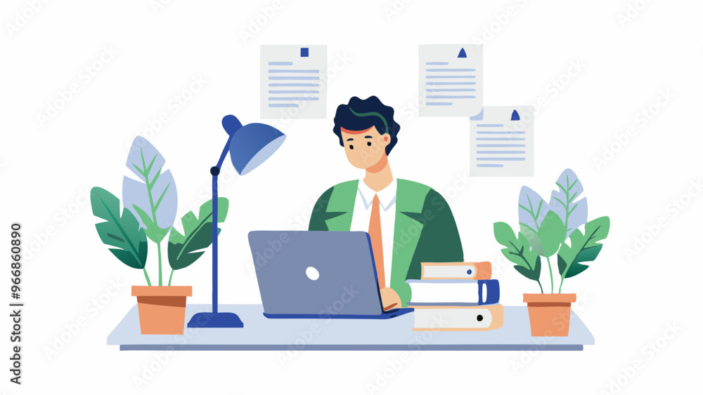 Dynamic Business Professional: Modern Desk Workspace with Laptop & Documents Vector Illustration Dynamic Business Professional: Modern Desk Workspace with Laptop & Documents Vector Illustration