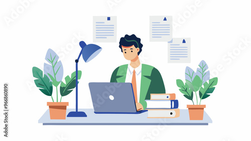 Dynamic Business Professional: Modern Desk Workspace with Laptop & Documents Vector Illustration
