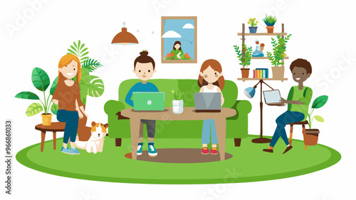 Work at home People work at home in a comfortable environment Free work schedule, informal atmosphere, houseplants