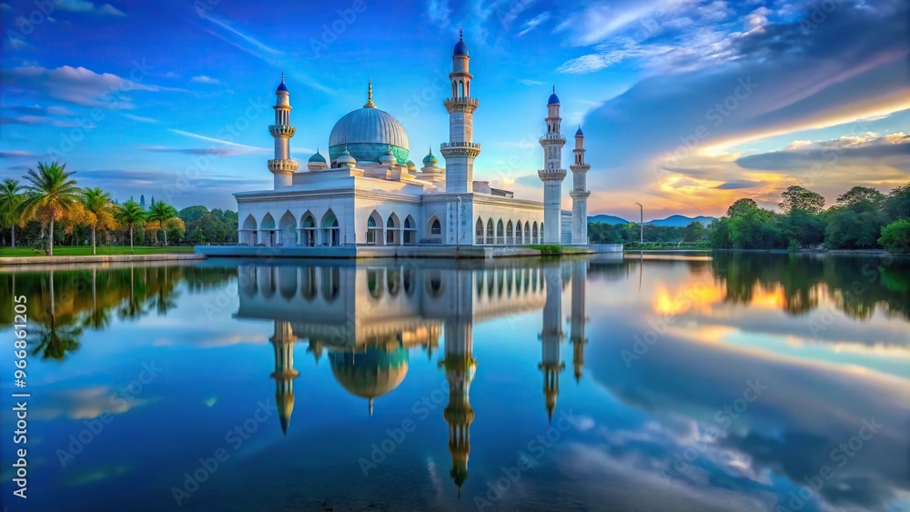 Naklejka premium Scenic view of crystal clear blue stream in front of mosque