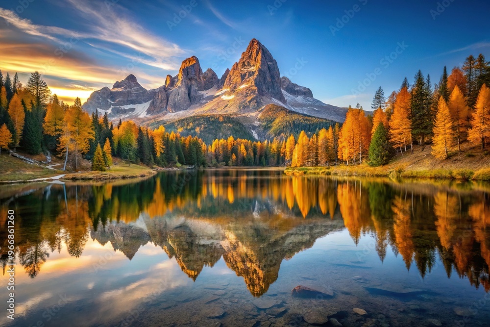 Scenic view of Eye Level Dolomites, Lago di Antorno, and Three Peaks of Lavaredo in autumn light Scenic view of Eye Level Dolomites, Lago di Antorno, and Three Peaks of Lavaredo in autumn light