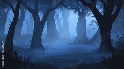 A spooky mist-covered forest on Halloween night, with shadows moving between the trees.