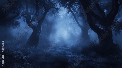 A spooky mist-covered forest on Halloween night, with shadows moving between the trees.