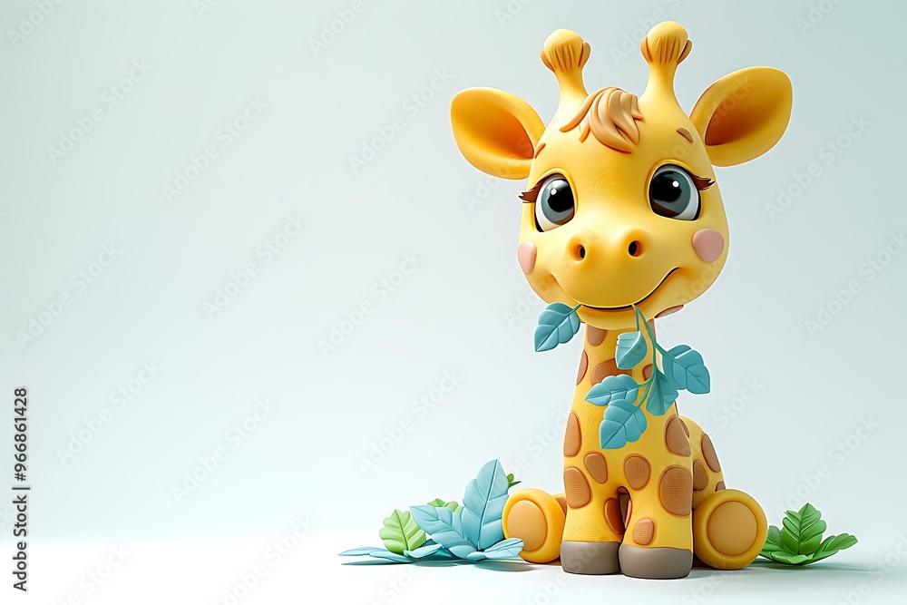 Cute Cartoon Giraffe Eating Leaves on White Background Cute Cartoon Giraffe Eating Leaves on White Background