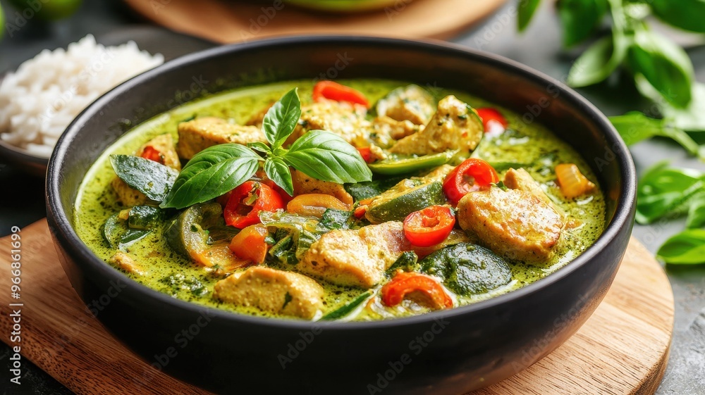 A vibrant bowl of green curry featuring chicken, vegetables, and aromatic herbs, served with rice and garnished with fresh basil. A vibrant bowl of green curry featuring chicken, vegetables, and aromatic herbs, served with rice and garnished with fresh basil.