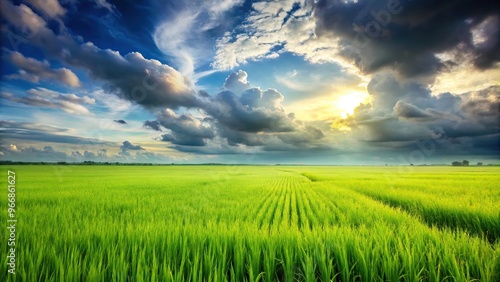 Scenic view of green rice field against cloudy sky