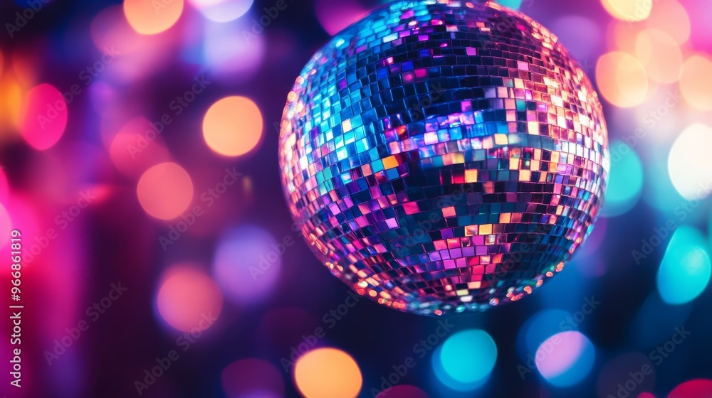A shimmering disco ball spins as vibrant lights dance around it, creating a captivating display of reflections and sparkles, enhancing the festive ambiance A shimmering disco ball spins as vibrant lights dance around it, creating a captivating display of reflections and sparkles, enhancing the festive ambiance