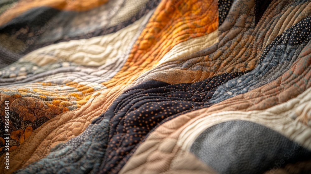 A modern quilted wall hanging showcases an intricate abstract earthtone pattern. The natural light highlights the textures and vibrant colors, creating a captivating visual display A modern quilted wall hanging showcases an intricate abstract earthtone pattern. The natural light highlights the textures and vibrant colors, creating a captivating visual display