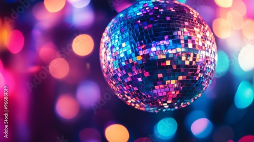 A shimmering disco ball spins as vibrant lights dance around it, creating a captivating display of reflections and sparkles, enhancing the festive ambiance