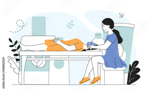 Cosmetologist with client. Woman gives facial massage to young girl. Relaxation and wellbeing. Skincare and beauty procedures. Dermatologist with client. Linear vector illustration