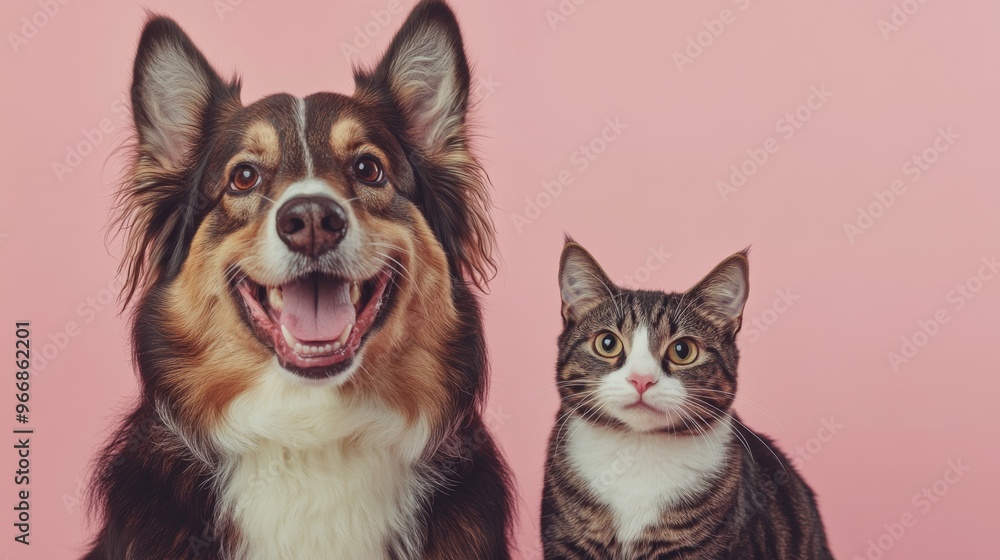 A cheerful dog and a curious cat sit together, sharing a joyful moment against a pastel backdrop, highlighting their companionship and playful nature A cheerful dog and a curious cat sit together, sharing a joyful moment against a pastel backdrop, highlighting their companionship and playful nature